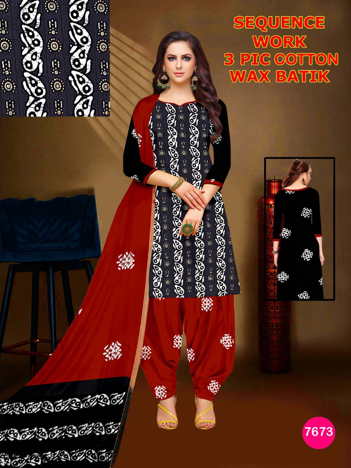 Elegant Cotton Batik 3-Piece Suit with Exquisite Sequence Work 01