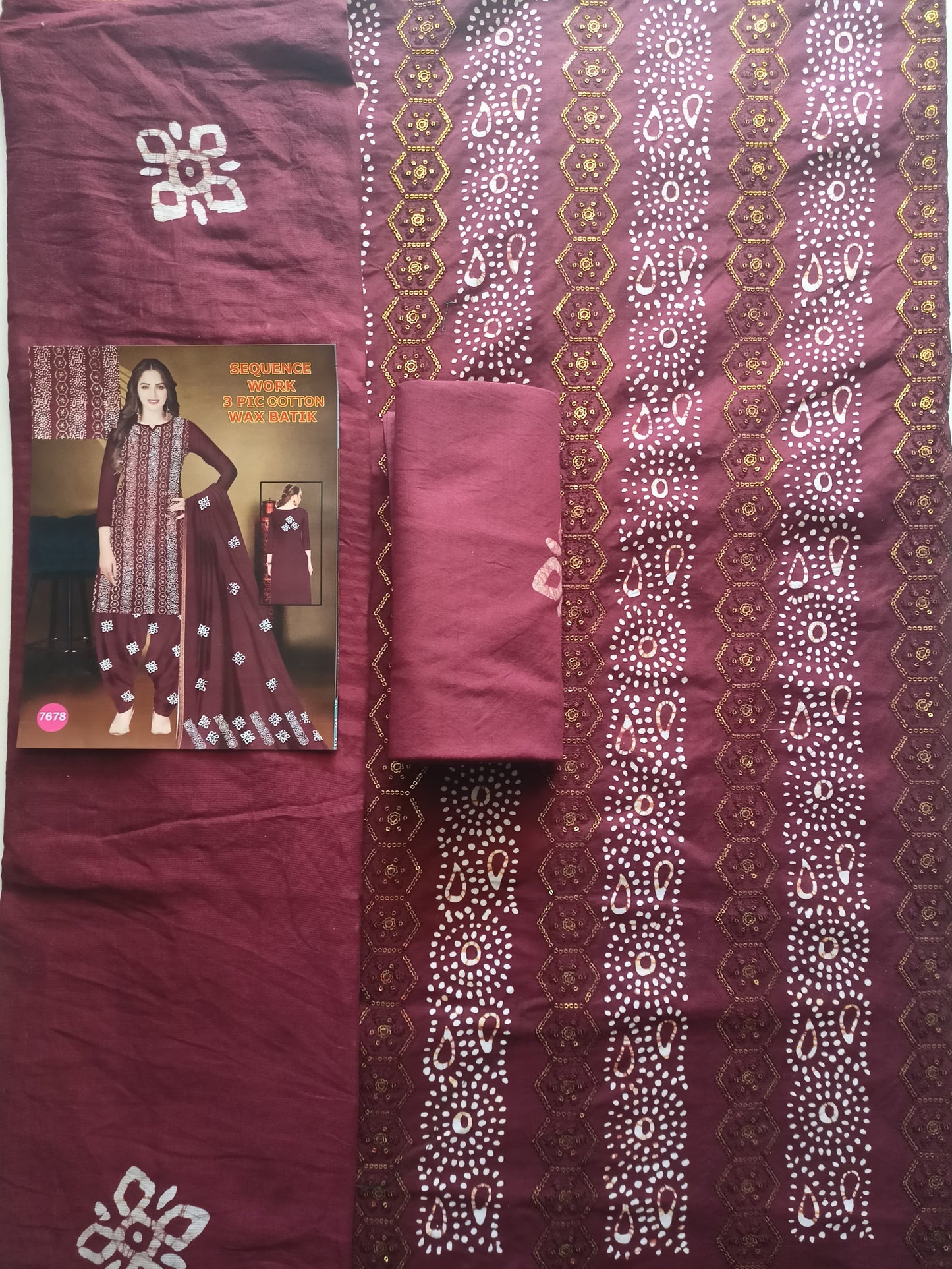 Elegant Cotton Batik 3-Piece Suit with Exquisite Sequence Work Self 05