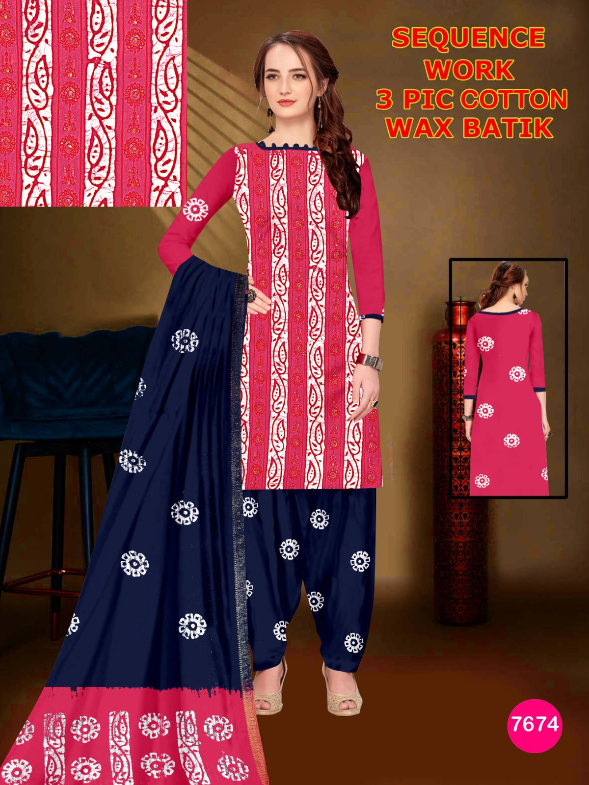 Elegant Cotton Batik 3-Piece Suit with Exquisite Sequence Work 02