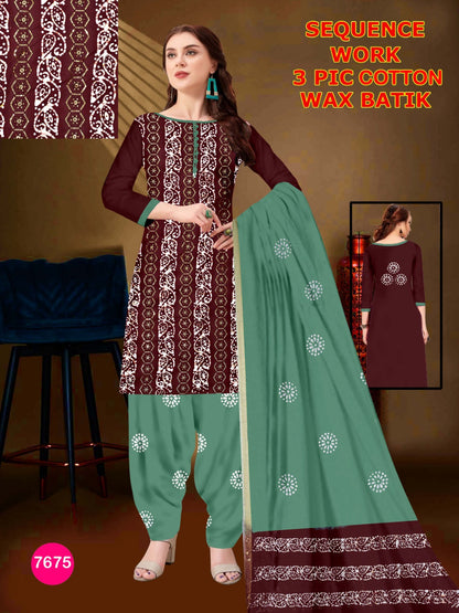 Elegant Cotton Batik 3-Piece Suit with Exquisite Sequence Work 05