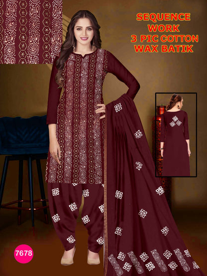 Elegant Cotton Batik 3-Piece Suit with Exquisite Sequence Work Self 05