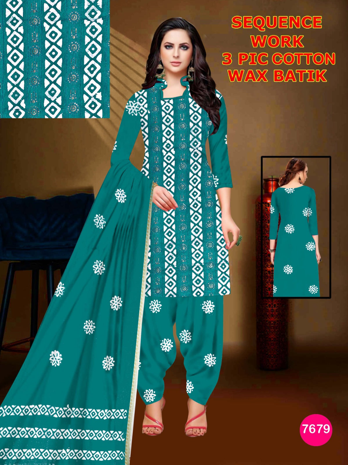 Elegant Cotton Batik 3-Piece Suit with Exquisite Sequence Work Self 03