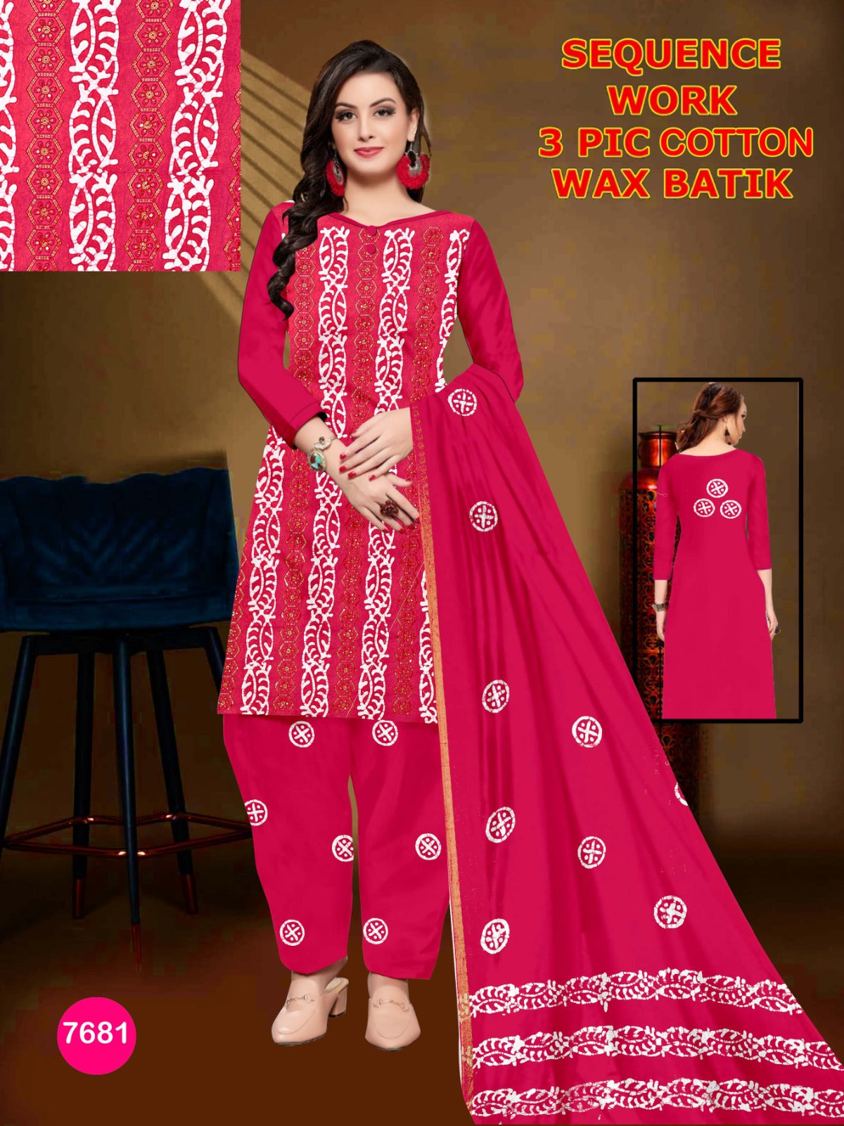 Elegant Cotton Batik 3-Piece Suit with Exquisite Sequence Work Self 04