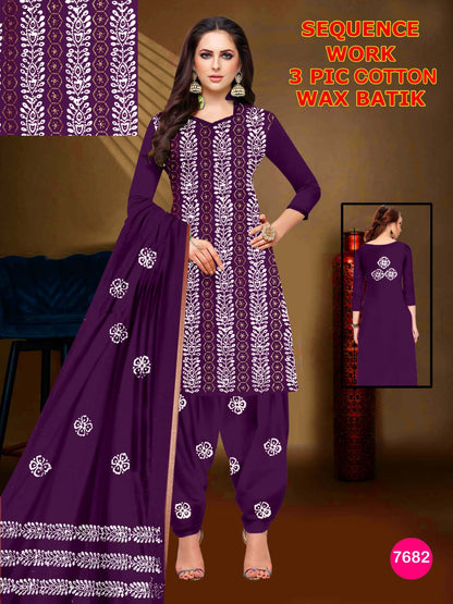 Elegant Cotton Batik 3-Piece Suit with Exquisite Sequence Work Self 01